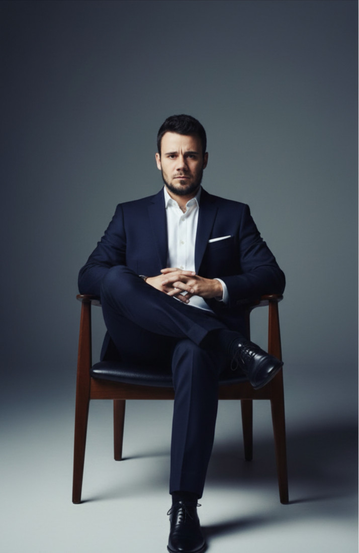 Matt Young seated portrait in a navy suit