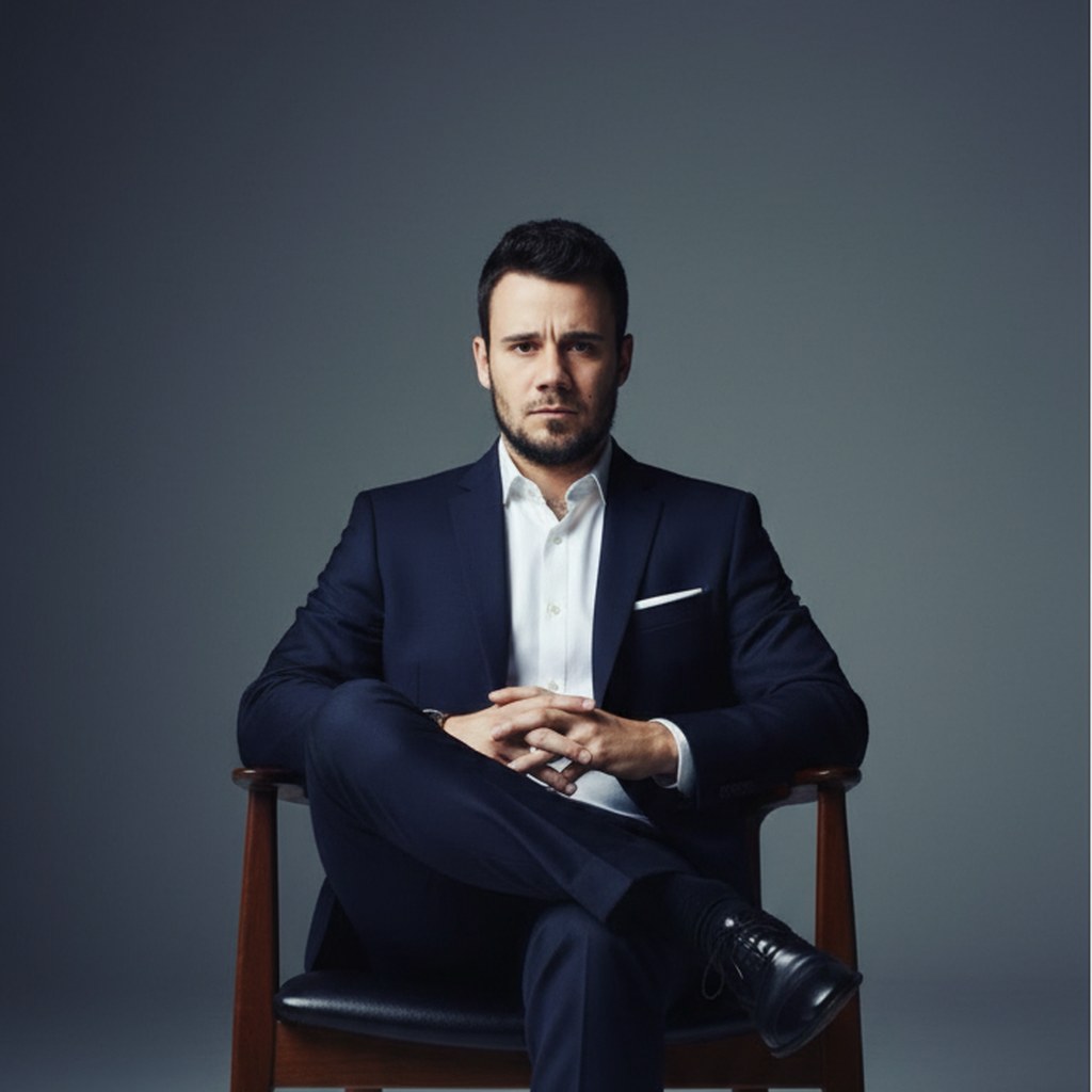 Matt Young in a navy suit, seated studio portrait